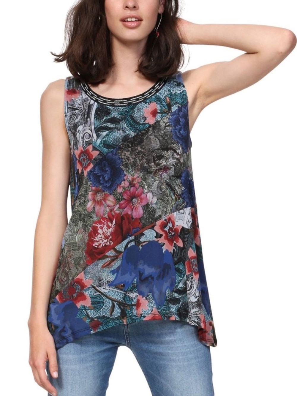 NWT Desigual Tiglits Sleeveless Floral Patchwork Asymmetrical Hem Tank Top
